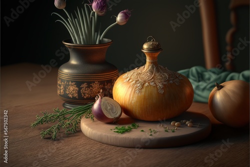  a painting of a vase with flowers in it next to a cutting board with a knife and onion on it and some other vegetables on the table. generative ai