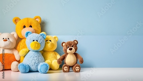 room with plush toys advertising banner background, empty space for text, commercial template, generative ai