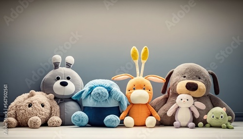 room with plush toys advertising banner background, empty space for text, commercial template,  (created with Generative AI) photo