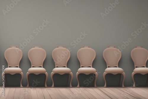 3d illustration of 5 chairs lined up - generative ai