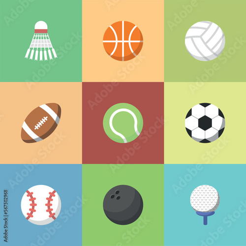 Vector illustration of set of sports icons  sports equipment  sports balls  basketball  american football  football  baseball  badminton  tennis  bowling  golf  volleyball.