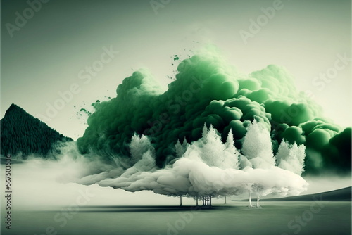 Paisaje natural con humo color verde, montañas, árboles y cielo creado con IA generativa