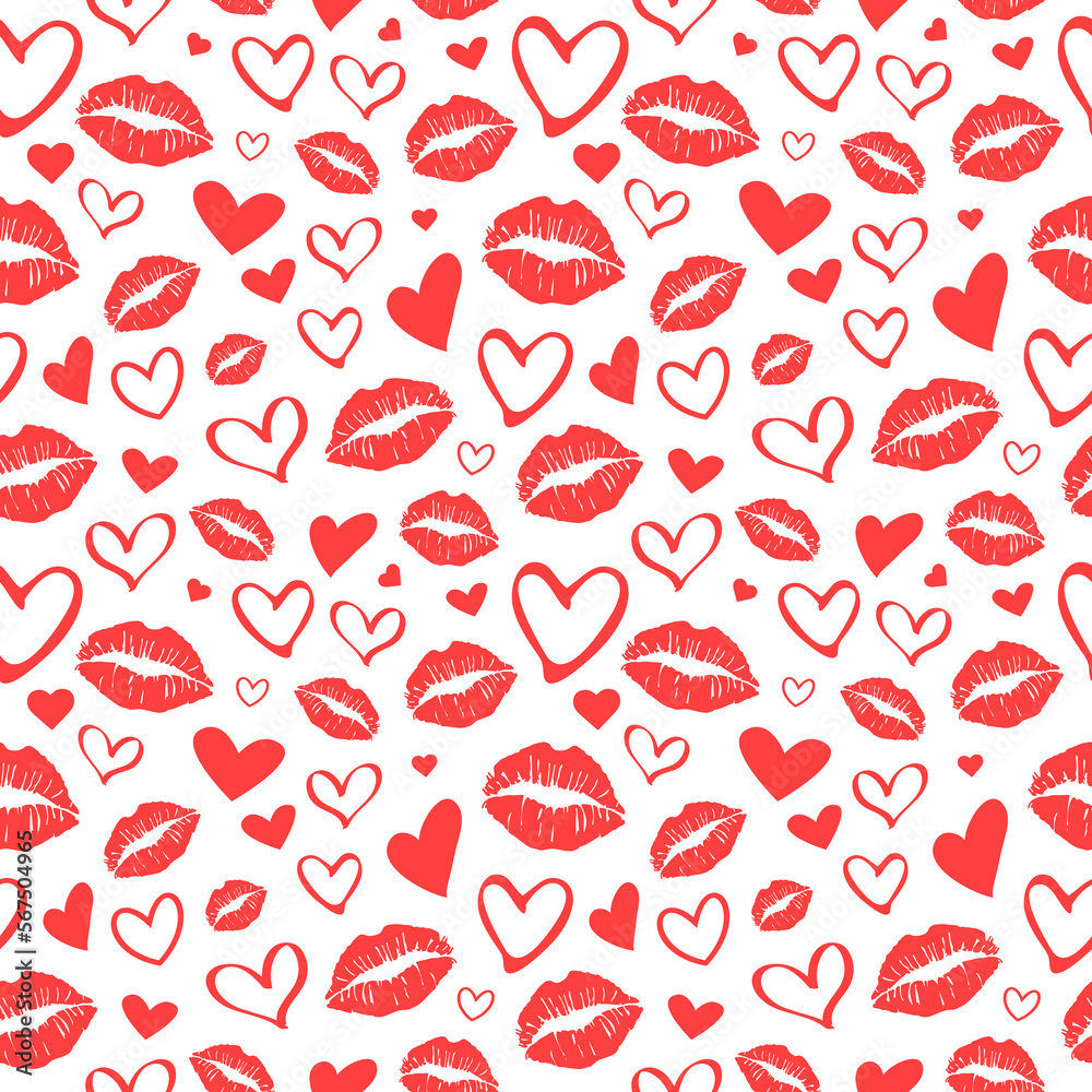 Seamless pattern made up of different red hearts and lipstick female prints for Valentine's day. Endless repeating texture with different red colored female lips and various hearts. - obrazy, fototapety, plakaty 