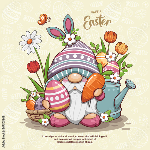 Happy Easter With Cute Gnome, Watering Can, Flowers, And Egg Basket Of Easter. Cartoon Illustration
