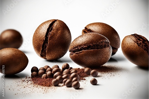  coffee beans and powder on a white background The coffee beans are a deep brown color, while the powder is a lighter shade of brown The contrast between the two c