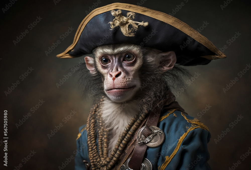 Monkey Dressing as a Pirate, Portrait, Studio Light, Dark Background, Generative AI Digital Illustration