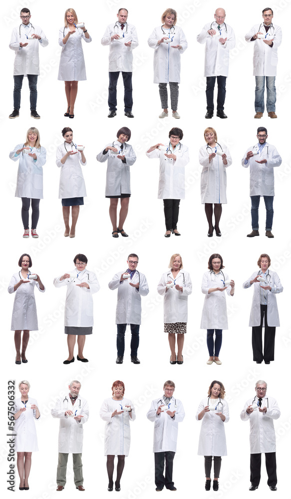 group of doctors holding jar isolated on white group of doctors holding jar isolated on white