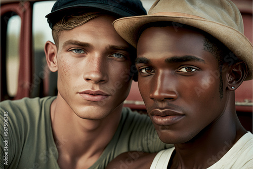 Interracial Gay male couple wearing hats Generative AI © Tony Tueni