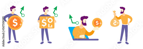 set of finance, economy and trading related concepts (Online finance, exchange, profit, market research) market recovery and gain vector illustrations.