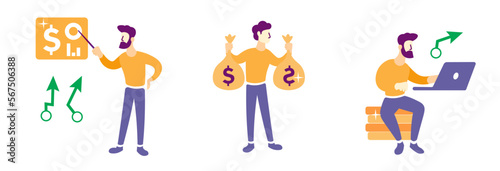 set of finance, economy and trading related concepts (Online finance, profit, market research) market recovery and gain vector illustrations.