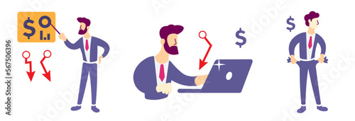 set of finance, economy and trading related concepts (Online finance, bankruptcy, market research) market crash/recession vector illustrations.