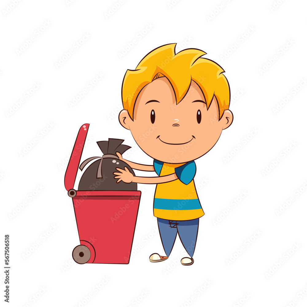 Kid taking out trash, child littering garbage container Kid taking out trash, child littering garbage container