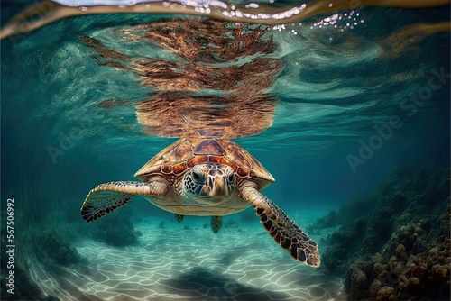  a turtle swimming in the ocean with its head above the water's surface and its back end under the water's surface, with its head above the waterline. generative ai
