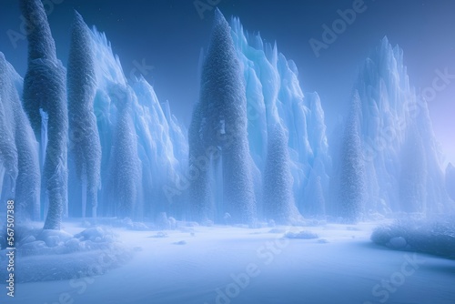 Abstract fantasy glacial winter cold neon landscape. Winter snowy landscape. Winter background  ice  Ice magic portal  light entrance. North polar relief. 3D illustration - generative ai