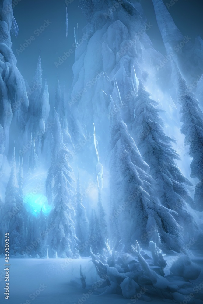 Abstract fantasy glacial winter cold neon landscape. Winter snowy landscape. Winter background, ice, Ice magic portal, light entrance. North polar relief. 3D illustration - generative ai
