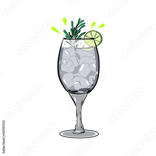 Gin tonic cocktail with rosemary and lime vector illustration 