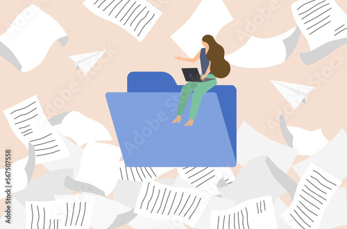 Business people searching files in folder with overwhelm work, busy office worker, businesswoman with overwhelmed work, flat design of work life not balance vector, overwhelming business tasks vector.