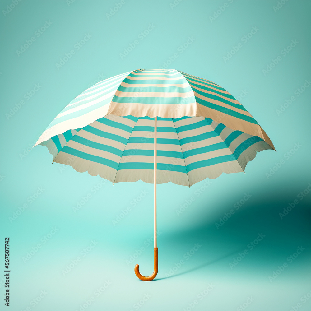 beach umbrella or parasol isolated on light blue background, created with generative ai