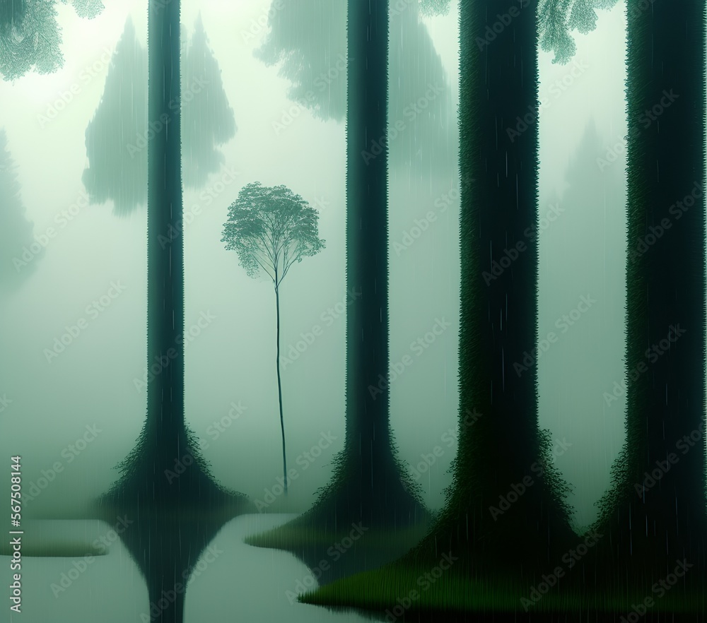 Obraz premium Forest on Rainy Day, Generative AI Illustration