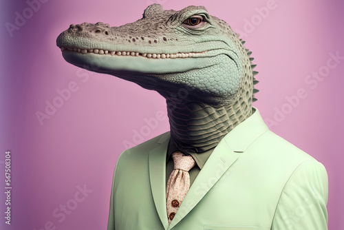 Alligator dressed in a formal business suit with a pastel background. anthropomorphic businessman. Generative AI
