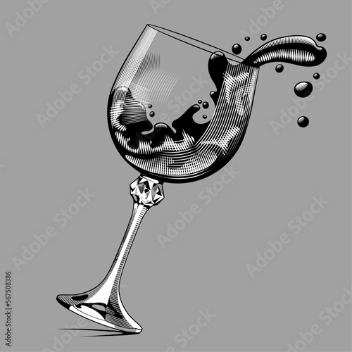 Falling glass with splashed wine on gray. Black and white vintage engraving stylized drawing. Vector illustration