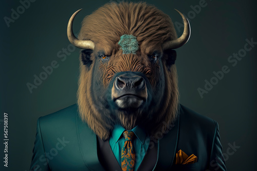 Bison dressed in a formal business suit. anthropomorphic businessman. Generative AI