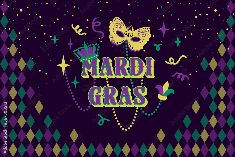 Mardi Gras greeting banner. Traditional carnival mask, beads, royal crown, confetti for holiday. Template for celebration costume party, masquerade ball. Vector illustration for invitation, flyer Mardi Gras greeting banner. Traditional carnival mask, beads, royal crown, confetti for holiday. Template for celebration costume party, masquerade ball. Vector illustration for invitation, flyer