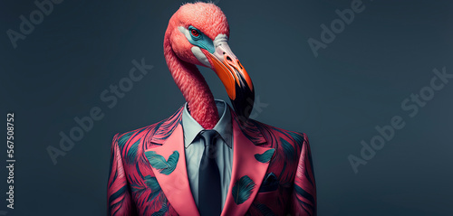 Flamingo dressed in a formal business suit. anthropomorphic businessman. Generative AI