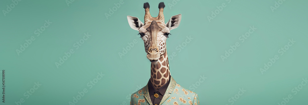 Giraffe dressed in a formal business suit with a pastel background. anthropomorphic businessman. Generative AI