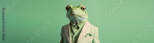 Frog dressed in a formal business suit with a pastel background. anthropomorphic businessman. Generative AI