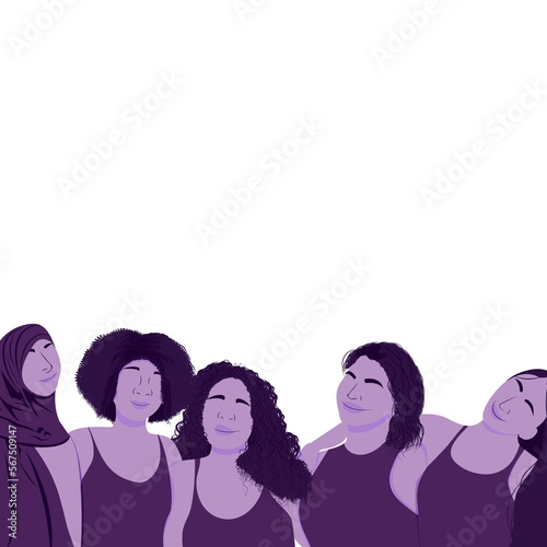Ilustración del 8 de Marzo Dia Internacional de la Mujer. Ilustración minimalista. Grupo de diferentes mujeres. Lugar para el texto, sin fondo.