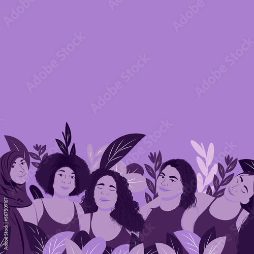 Ilustración del 8 de Marzo Dia Internacional de la Mujer. Grupo de diferentes mujeres. Lugar para el texto. Con fondo. photo