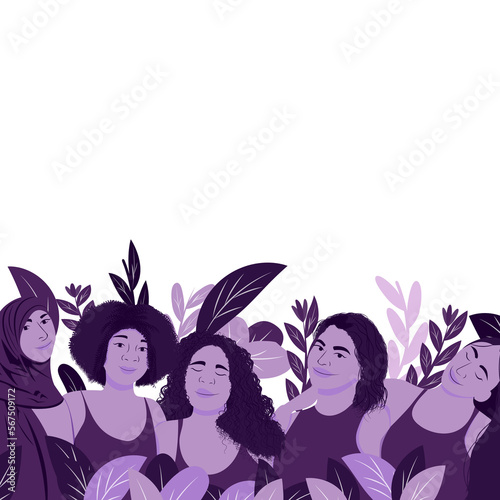 Ilustración del 8 de Marzo Dia Internacional de la Mujer. Grupo de diferentes mujeres con rostro. Lugar para el texto, sin fondo. photo