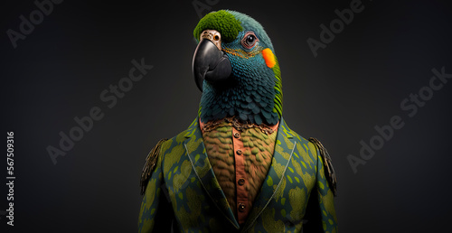 Parrot dressed in a formal business suit. anthropomorphic businessman. Generative AI