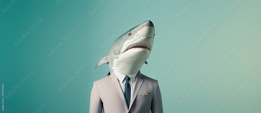 Fototapeta premium Shark dressed in a formal business suit with a pastel background. anthropomorphic businessman. Generative AI