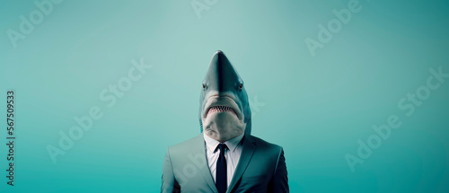 Shark dressed in a formal business suit with a pastel background. anthropomorphic businessman. Generative AI photo