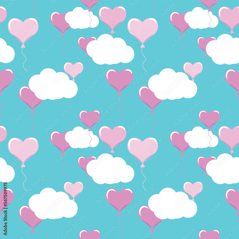 Light pink heart-shaped balloons and clouds in the sky - seamless pattern