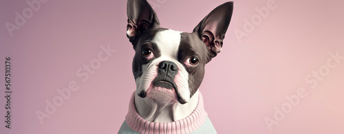 close up of a Buston Terrier dog with a pink pastel background. Dog fashion photo. Generative AI © Lemart