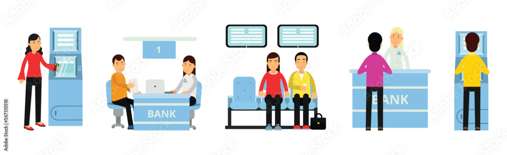 Bank Customers and Staff Serving Clients Vector Illustration Set Bank Customers and Staff Serving Clients Vector Illustration Set