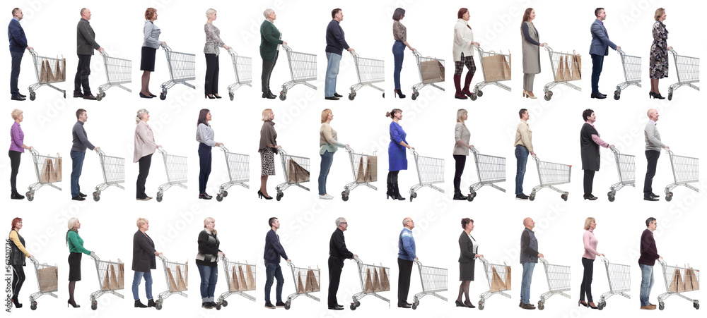 group of people with cart looking ahead isolated on white