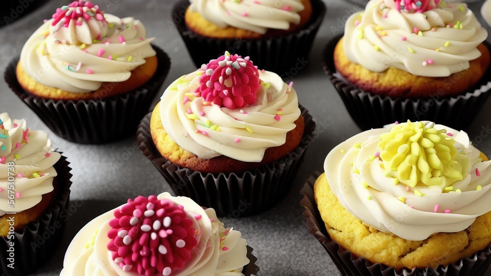 close up row of delicious cupcake, generative art by A.I. close up row of delicious cupcake, generative art by A.I.
