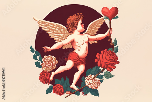 vintage valentines day cupid with rose, bow and arrow. Valentines Day cute character with bow and arrow. Trendy vintage style. Generative AI photo