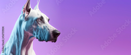 close up of a Great danes dog with a Purple pastel background. Dog fashion photo. Generative AI