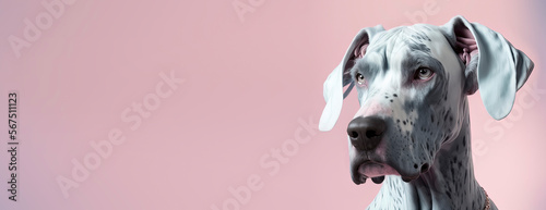 close up of a Great danes dog with a pink pastel background. Dog fashion photo. Generative AI