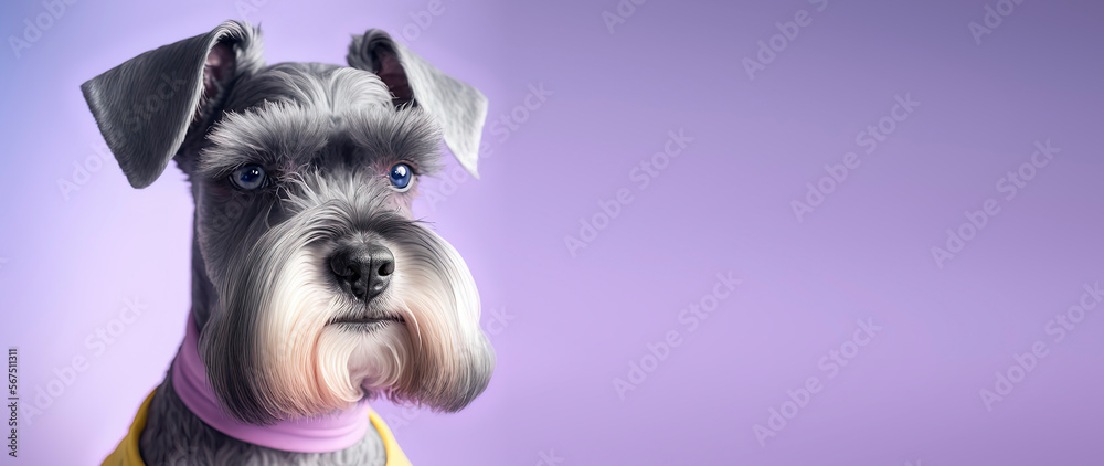 close up of a Miniature Schnauzer dog with a Purple pastel background. Dog fashion photo. Generative AI