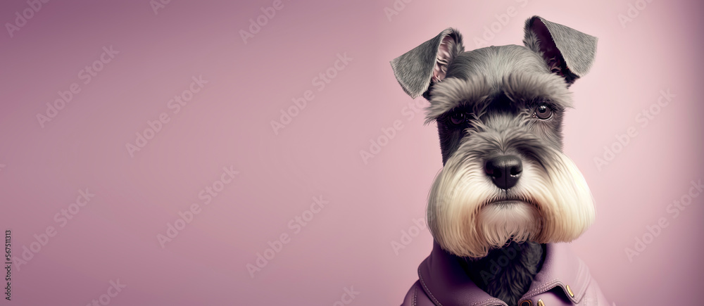 close up of a Miniature Schnauzer dog with a pink pastel background. Dog fashion photo. Generative AI