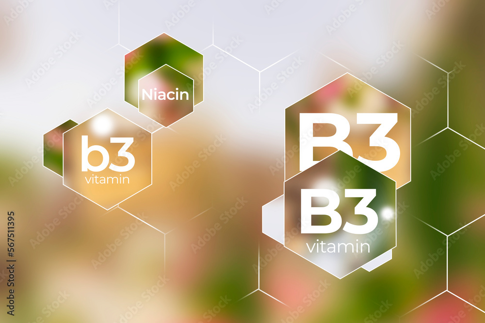 Molecular model of vitamin B3, Niacin. Hexagons with Vitamin B3 name