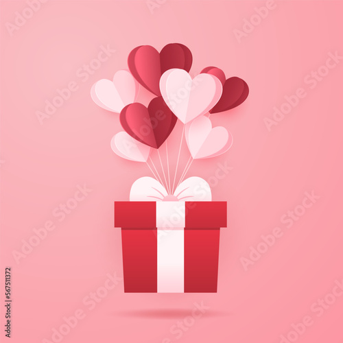 Valentine's Day Banner. Happy Valentine's Day greeting card design. Holiday banner with hot air heart balloon. Paper art and digital craft style illustration. © Supakorn