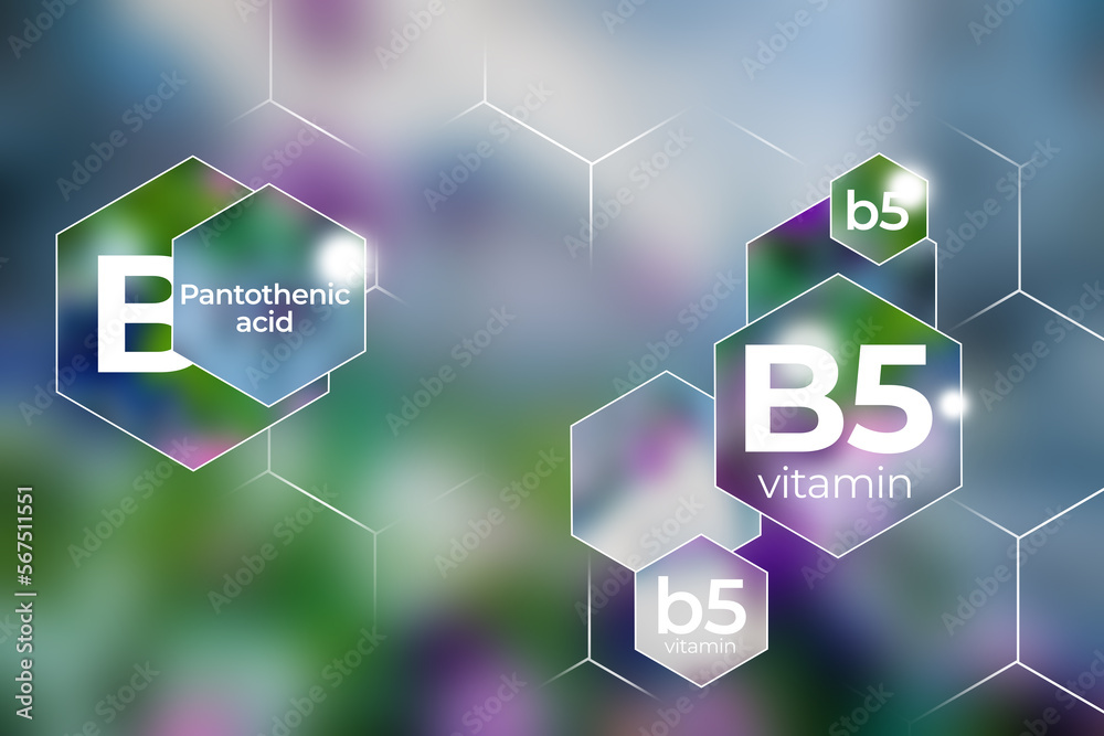 Molecular model of vitamin B5. Hexagons with Vitamin B5 name, blurry