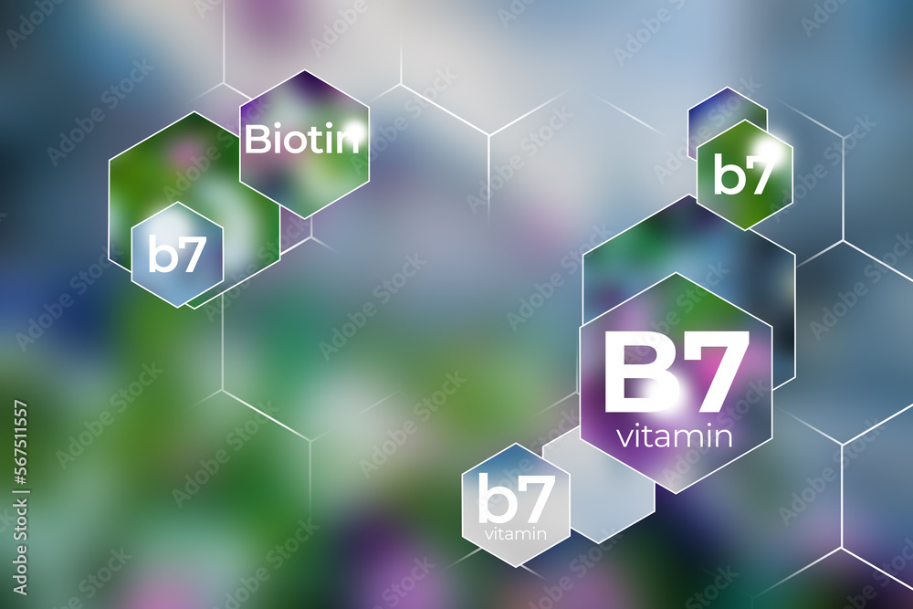 Molecular model of vitamin B7. Hexagons with Vitamin B7 name, blurry